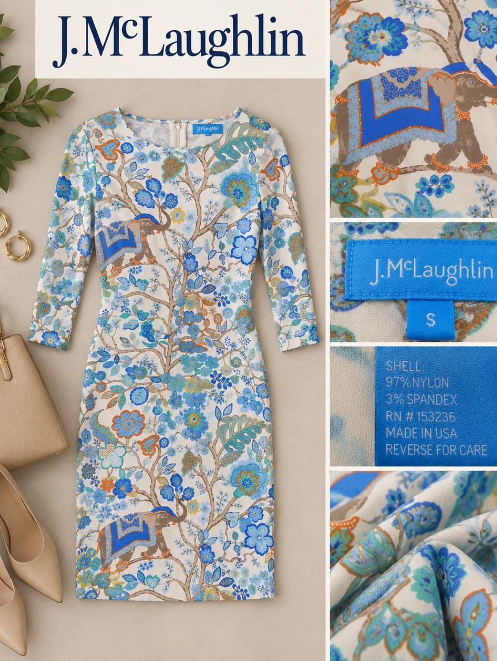 J.McLaughlin Size S Floral Elephant Print Stretch Dress Made in USA